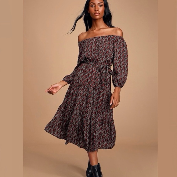 Lulus Dresses & Skirts - Lulu’s Abigayle Floral Print Off-the-Shoulder Midi Dress Size Small